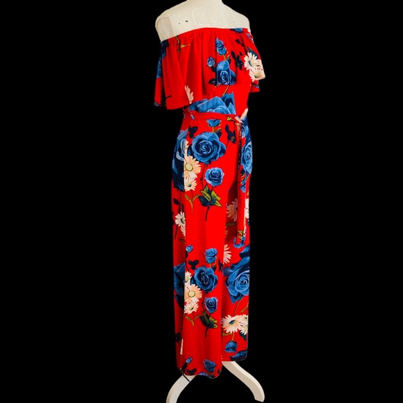 Red Floral Strapless Ruffle Flounce Top Belted Wide Leg Jumpsuit S - Picture 12 of 12
